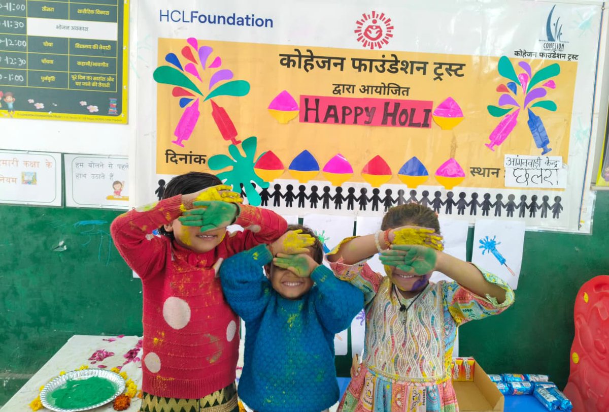 CohesionF's tweet photo. The festival of colors was celebrated with great joy at Anganwadi centers under our @HCL_Foundation  supported #ECCD program. Children enjoyed fun activities, with safe eco-friendly colors while learning about the victory of good over evil and the values of love and unity. https://t.co/hhP3aF4RDT