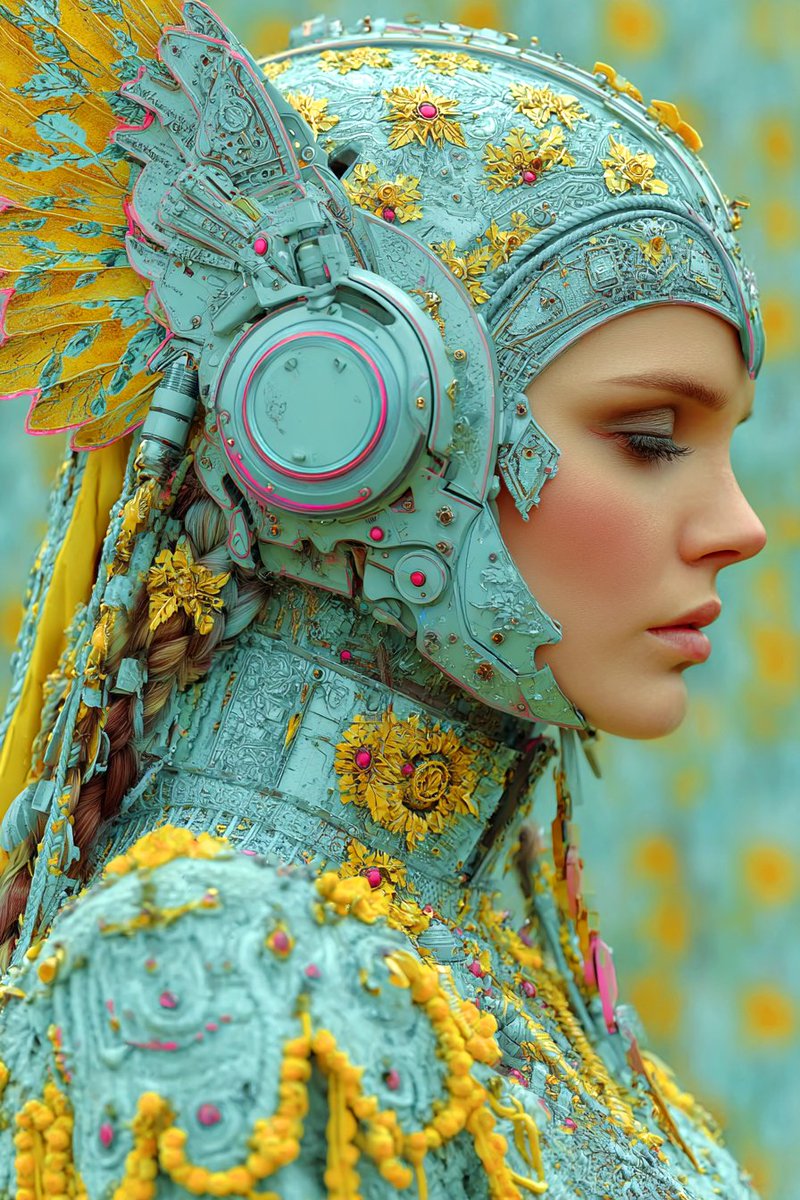phokuinc's tweet image. Mecha Priestess Devotion | Android priestesses adorned in turquoise x gold brocade armor. 
#NeoBaroque #DigitalArt #Futurism
