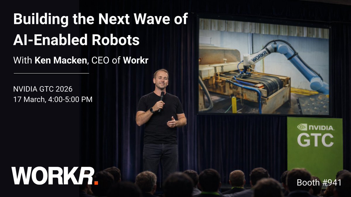 workr_official's tweet photo. If you’re heading to @nvidia GTC, don’t miss Ken Macken @mack2it on stage Tuesday 17th March 4-5pm. Ken will share what it takes to move robots from simulation into live production floors and reliably deploy Physical AI into messy, high-mix environments.
https://t.co/K31OSUYi5m https://t.co/yeNqD78c1U
