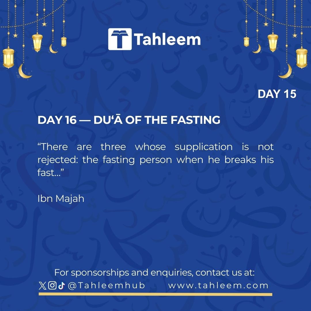 Day 15 — Accepted Du‘ā

Your hunger makes your du‘ā powerful. 🤲
Ask Allah for everything — nothing is too big.

#Ramadan #Day15 #Tahleem