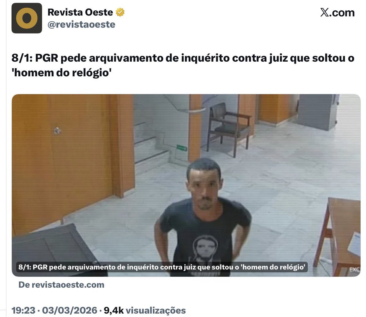 👀 ⚖️ Outro caso estranho

O vagabundo que tentou expl0dir o aeroporto de Brasília está em domiciliar. 

O vagabundo que quebrou relógio 🕰️ histórico usando camisa do Bolsonaro, o que era “proibido” nos acampamentos,  está solto e o caso foi pro arquivo.