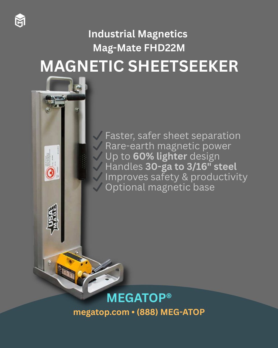 megatopcom's tweet image. Industrial Magnetics FHD22M Magnetic SheetSeeker
A smarter way to separate stacked steel sheets.
✔ Faster sheet separation
✔ Rare-earth magnetic circuit
✔ Up to 60% lighter
✔ Handles 30-ga to 3/16" steel
megatop.com/product/indust…
#IndustrialTools #MetalFabrication