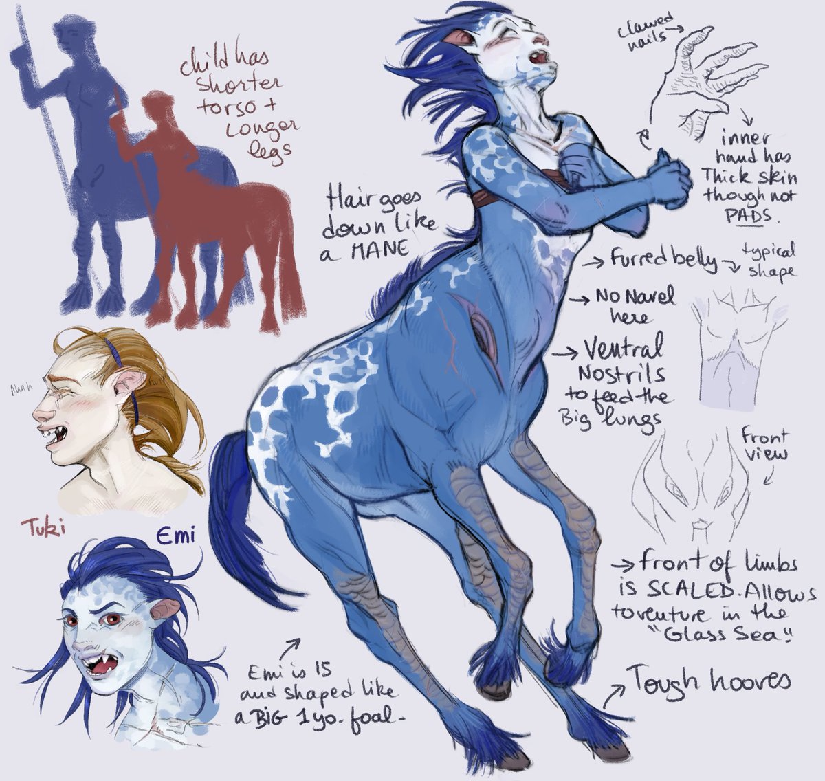 BlueDaddysGirl's tweet image. Finally gave some initial faces to Emi and Tuki, the kid centaurs of my OG work... Emi has a "true blue coat" with a frost appaloosa pattern. Tuki is a "berry perlino". I get to have fun with my fictional coats!
#centaur #ocart