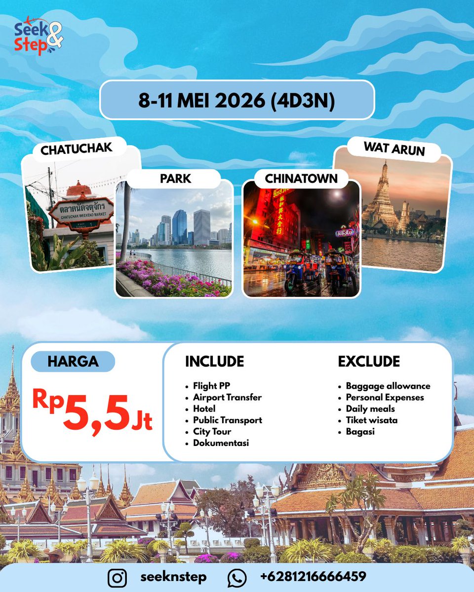 seeknstep's tweet photo. Open Trip Thailand (Bangkok)

✅ Bisa cicilan sampai h-14 keberangkatan
✅ DP = Flight ticket issued 

Limited slot available (❌❌❌✅✅✅)

more info 
💬 Contact by dm @seeknstep / link in bio

t. open trip exo bkk sharing handcarry thailand gmmtv thaienthu https://t.co/PvRjF7Veen