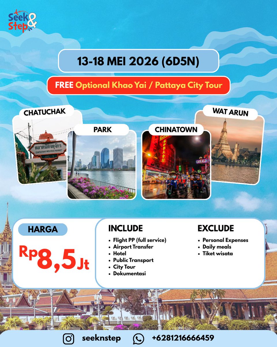 seeknstep's tweet photo. Open Trip Thailand (Bangkok)

✅ Bisa cicilan sampai h-14 keberangkatan
✅ DP = Flight ticket issued 

Limited slot available (❌❌❌✅✅✅)

more info 
💬 Contact by dm @seeknstep / link in bio

t. open trip exo bkk sharing handcarry thailand gmmtv thaienthu https://t.co/PvRjF7Veen