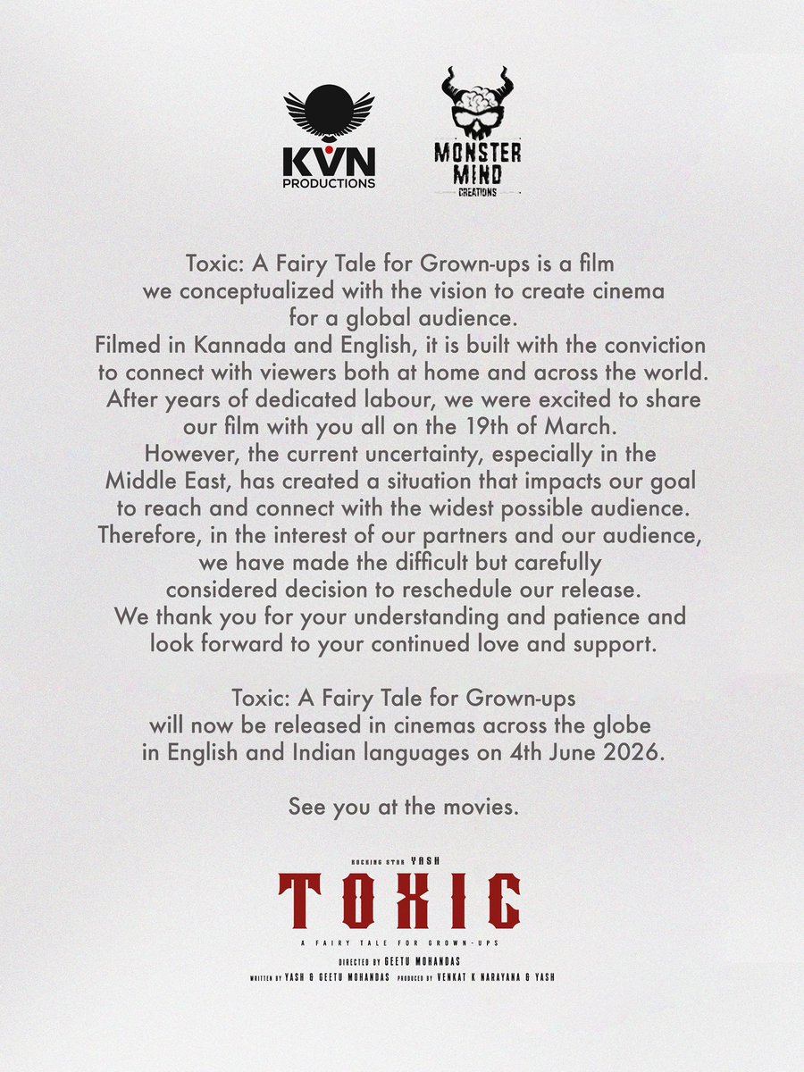 #ToxicTheMovie : POSTPONED TO  JUNE 4 2026 

#YashBOSS #Toxic #KiaraAdvani #Nayanthara