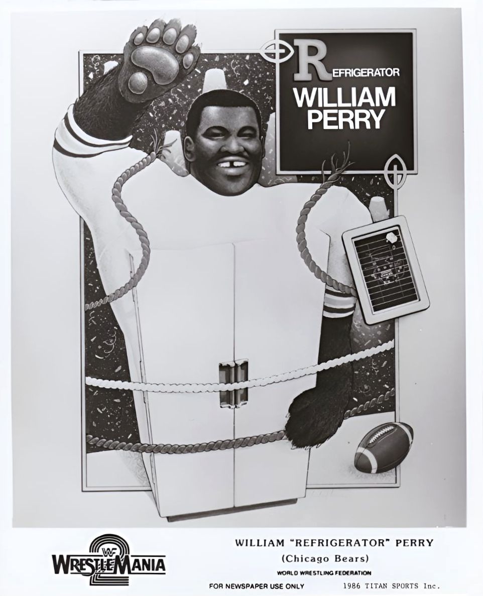 WWFWrestling1's tweet photo. WrestleMania 2 promotional prints featuring Bill Fralic and William "Refrigerator" Perry. 🐻🏈 #WWF #WWE #NFL #ChicagoBears #BillFralic #WilliamPerry https://t.co/yvVoP2sX7Q