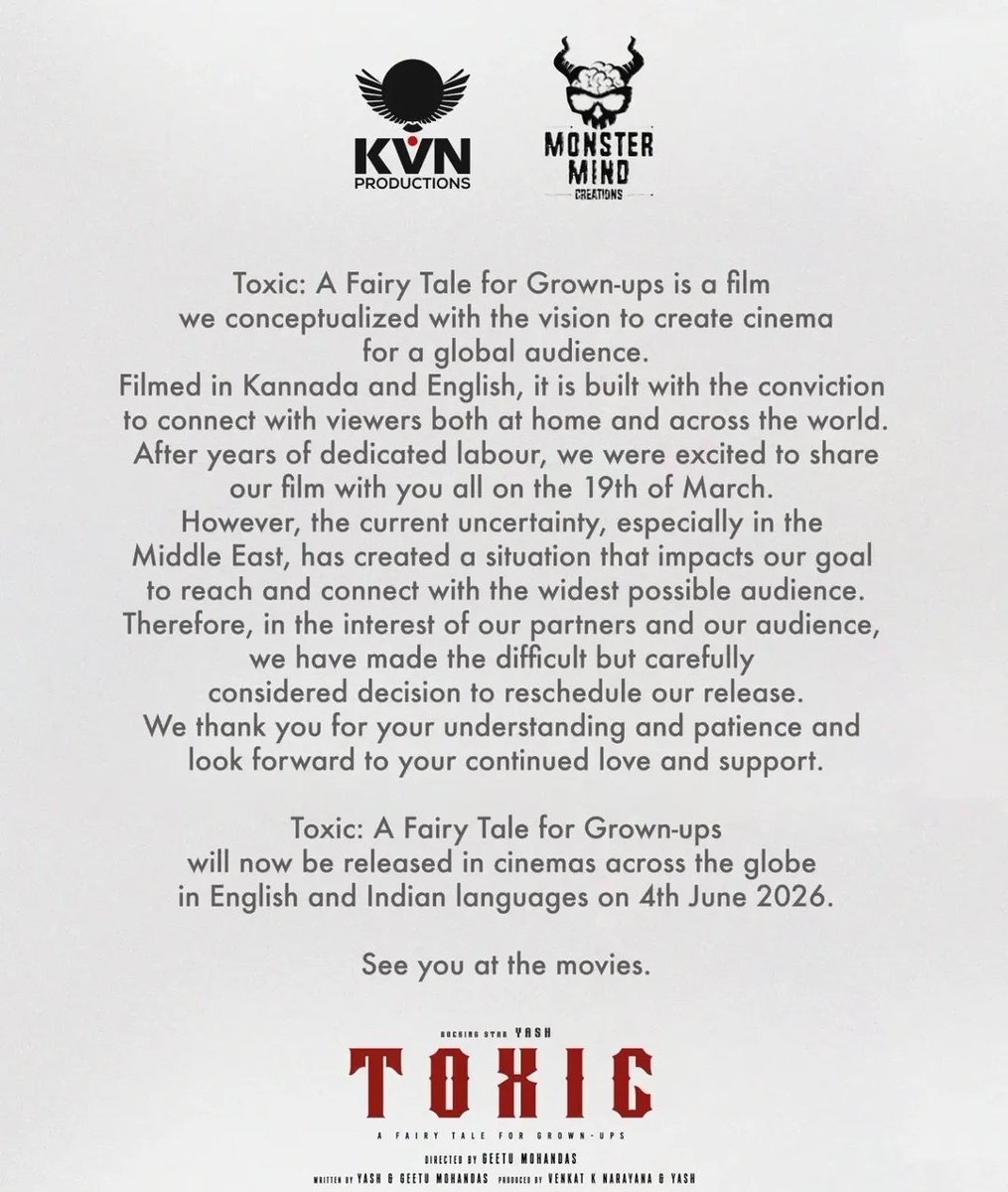 iNavi0786's tweet photo. Toxic Movie Postponed 👀💥

Yash's TOXIC Movie is now officially Postponed on 4th June 2026

#ToxicTheMovie #yash https://t.co/yijqIV4LNX
