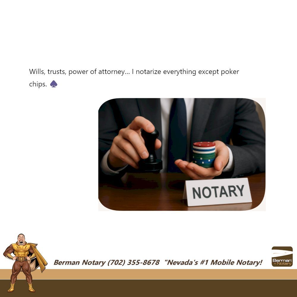 Visit us online: BermanNotary.com
#BermanNotary #MobileNotary #NevadaNotary #VegasMobileNotary
#WeNotarize #GoToNotary #VotedBestNotary #NotaryPublic