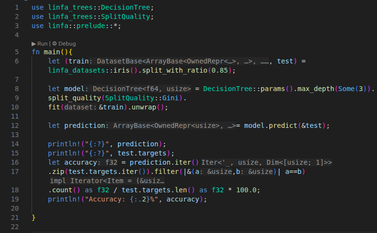zayedansari2004's tweet photo. Been learning Rust for a few days now.
Started with the basics, structs, enums, Ownership, Mutability, Ownership, Borrowing, References etc .

Curiosity hit can I actually do ML in Rust?

Found this from @freeCodeCamp 
[Link:- https://t.co/J4MYur4jxM]

 linfa makes it possible.

Played with Decision Tree on iris:
-> Gini, max_depth=3, 85% split → 86.36% accuracy
->  Entropy, max_depth=10, 85% split → 81.82%

Smaller training data + deeper tree = overfitting. Classic.