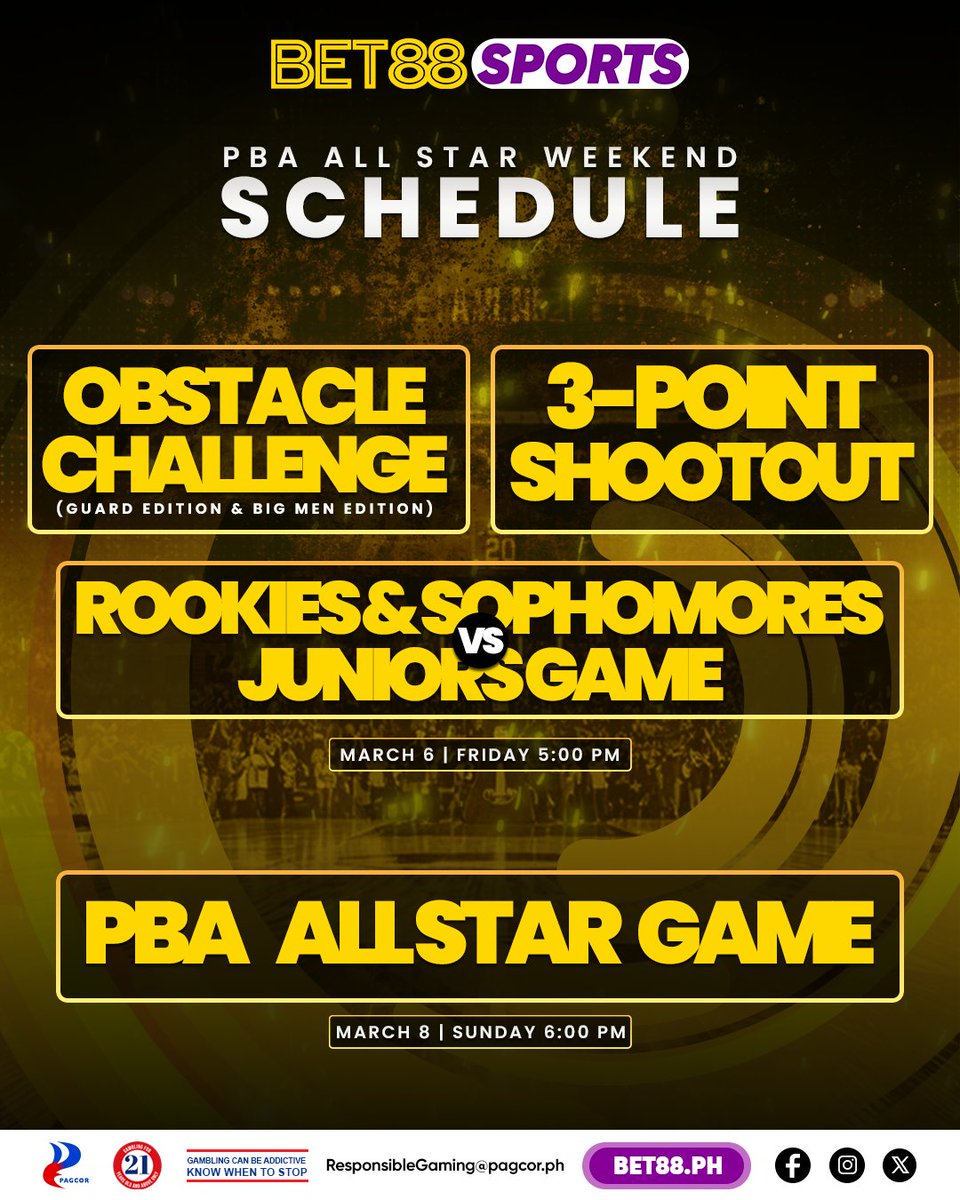 Bet88PH's tweet photo. Friday kicks off with skill battles, sharpshooters from deep, and the young guns ready to make noise. Then Sunday? The main event. Stars and MVP energy all night long.
Download the BET88 app, register and win at https://t.co/wYlySx45zx
#BET88Sports #PBAAllStarWeekend https://t.co/Wtc0bXLKWT