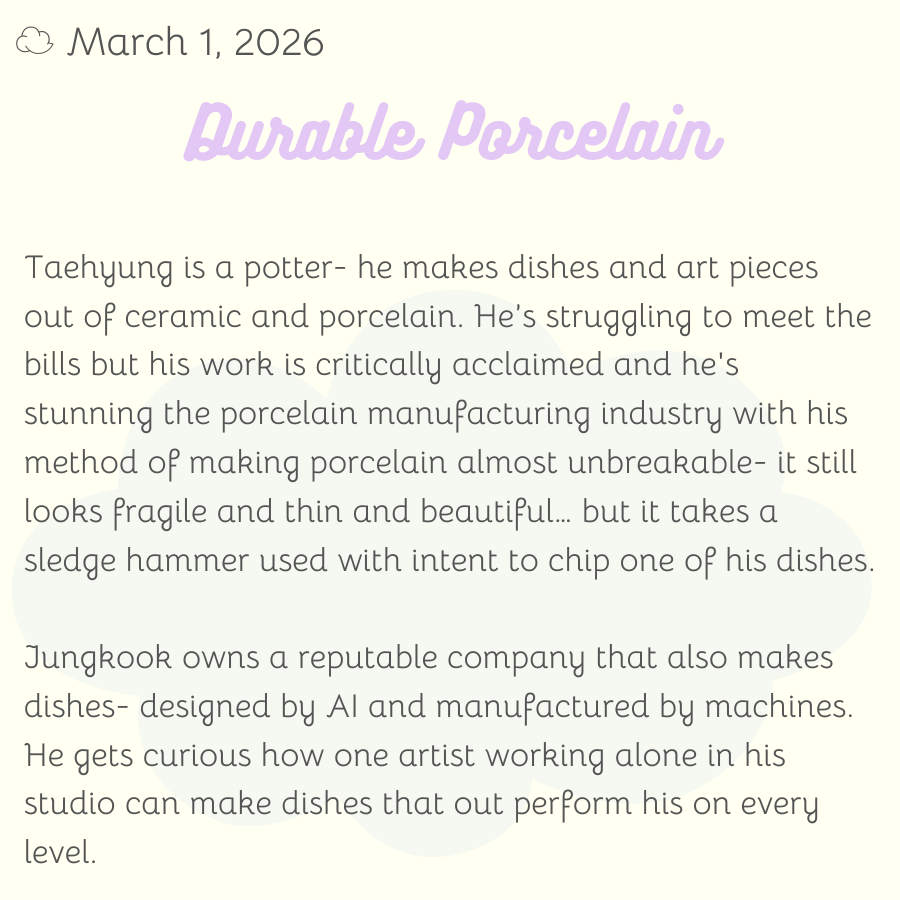 03/01

our first fic of the month is Durable Porcelain by gretchenwren/<a href="/Greti_writing/">Greti-writing 💜</a> - read it here: archiveofourown.org/works/52125436

remember to check those tags before reading and leave a kudos/comment to show your love 💜