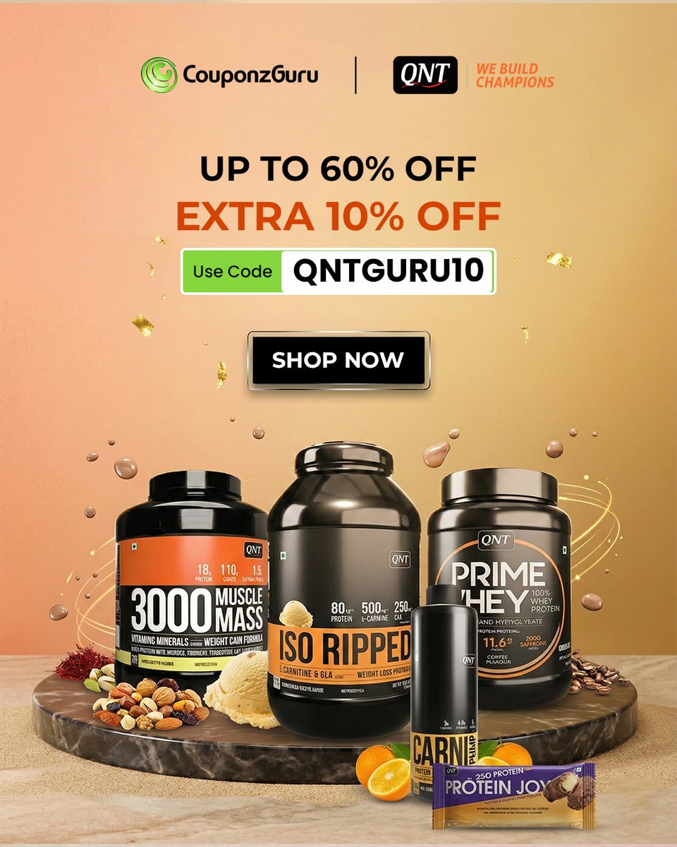 couponzguru's tweet image. Now Get Upto 60% Off On All Supplements.
Also, Avail Extra 10% Off Using The Coupon Code - QNTGURU10

Visit CouponzGuru To Get The Offer.

#supplements #extrasavings #wheyprotein #coupon #exclusive #CouponzGuru