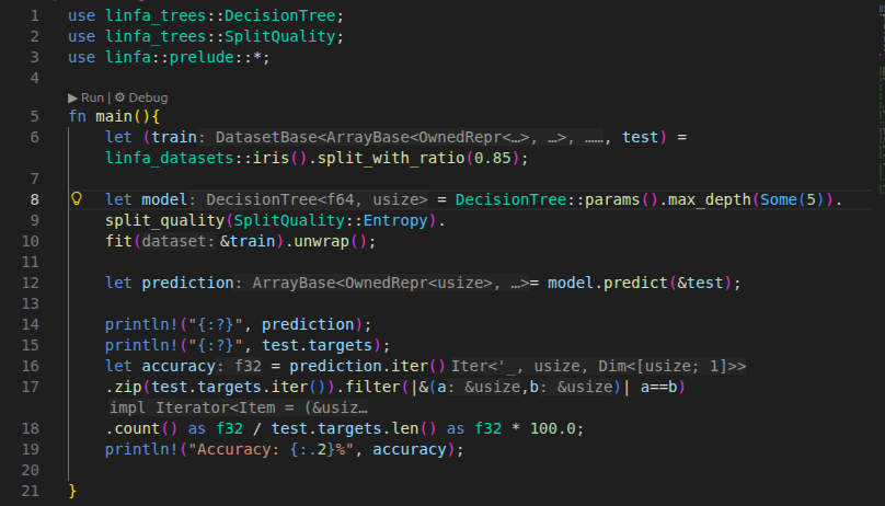 zayedansari2004's tweet photo. Been learning Rust for a few days now.
Started with the basics, structs, enums, Ownership, Mutability, Ownership, Borrowing, References etc .

Curiosity hit can I actually do ML in Rust?

Found this from @freeCodeCamp 
[Link:- https://t.co/J4MYur4jxM]

 linfa makes it possible.

Played with Decision Tree on iris:
-> Gini, max_depth=3, 85% split → 86.36% accuracy
->  Entropy, max_depth=10, 85% split → 81.82%

Smaller training data + deeper tree = overfitting. Classic.