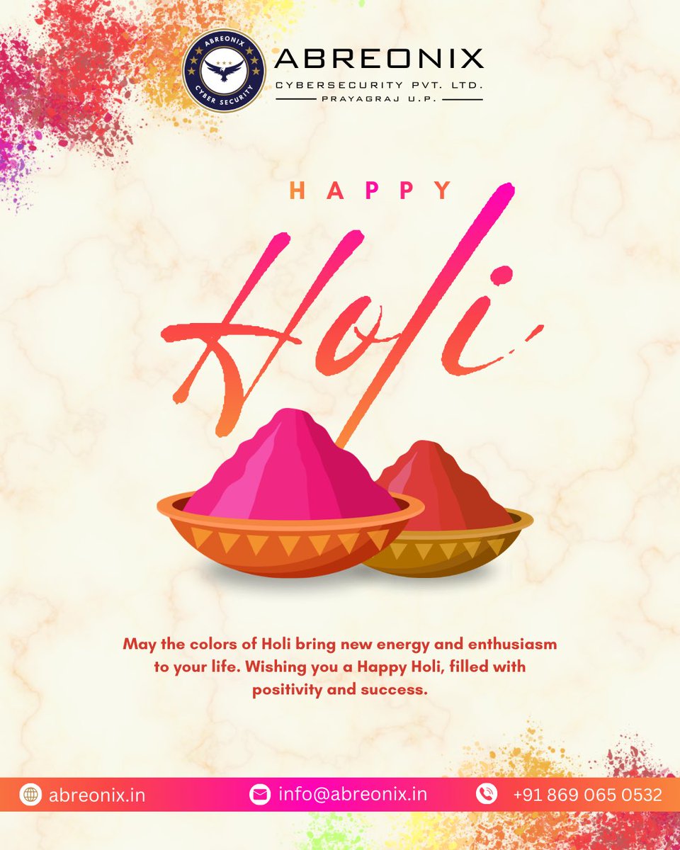 abreonix's tweet photo. May this Holi fill your life with vibrant colors, positivity, and new opportunities. Wishing you a joyful and secure future with Abreonix. 💻🎨
#HappyHoli #Abreonix #CyberSecurity #FestivalOfColors #SecureFuture #Holi2026 https://t.co/s72d8CZK20