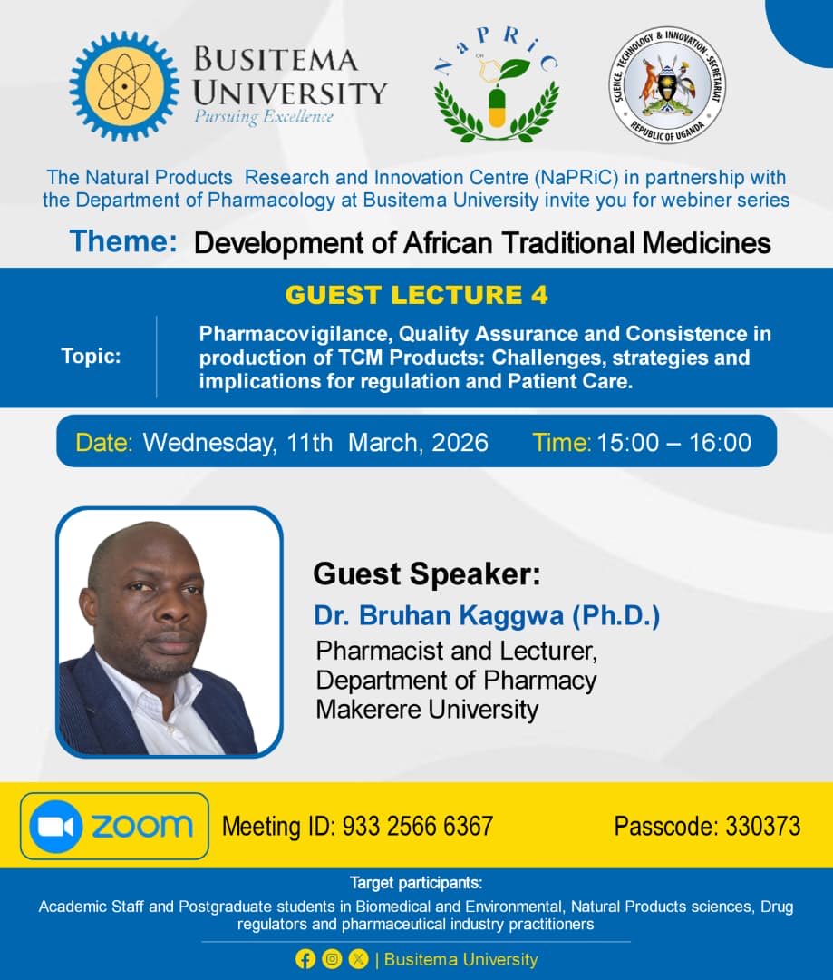 Is safety and effectiveness of TCM products a major public health and regulatory concern or they are guaranteed!! Dr Kaggwa Bruham will be exploring this topic in our 4th lecture on Development of African Traditonal Medicines! ⁦<a href="/BusitemaUni/">Busitema University</a>⁩ ⁦<a href="/bunapric/">Natural Products Research & Innovation Centre</a>⁩
