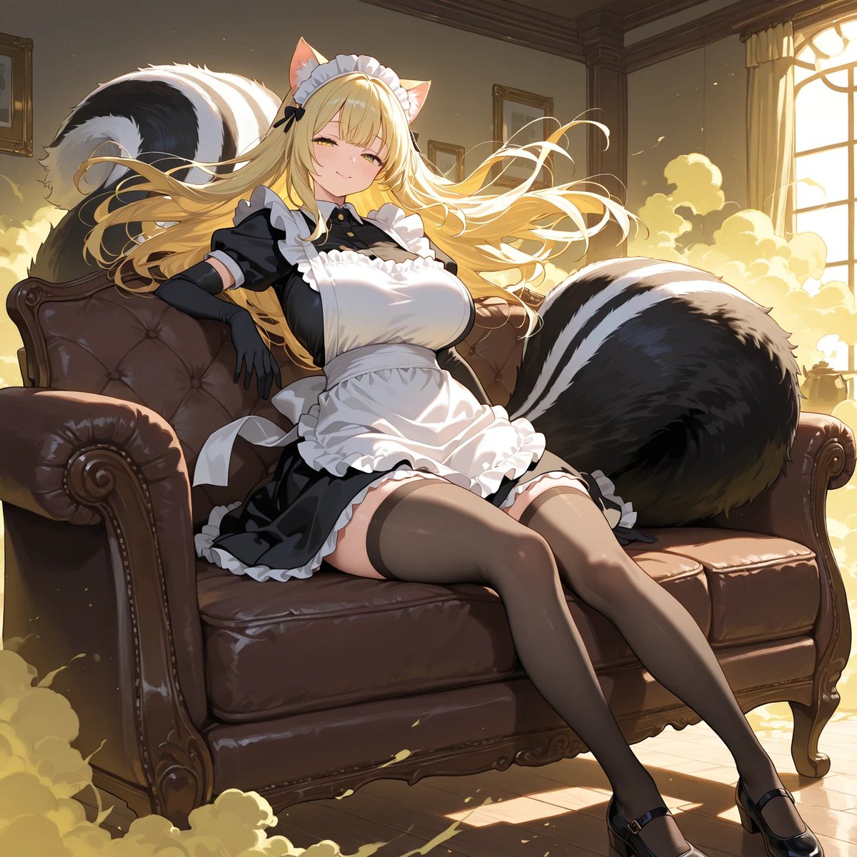 スカンクメイドの午後のひととき
メイドといいつつ実際の仕事は警備や護衛なのだが、お坊ちゃまはサボって出歩いたり昼寝ばかりしている不真面目メイドだと思っている。本人もお坊ちゃまの勘違いが面白くてそのままにしている。
お坊ちゃまの誘拐を企んだ賊をただ臭いだけのオナラで皆殺しにした。 