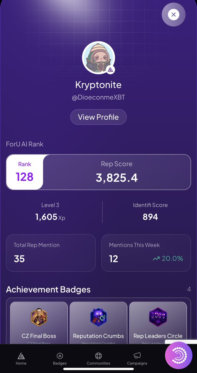 I was late to join on <a href="/foruai/">ForU AI | ฅ^◡ ⩊ ◡^ฅ</a> with tokenized AI-DID systems and possible to get $FORU token when FORU TGE.

Now sitting at rank 128 with Rep Score 3825 but still sad with only 23 daily login streak. I want to get big FORU Airdrop because they are build <a href="/BNBCHAIN/">BNB Chain</a> the best chain