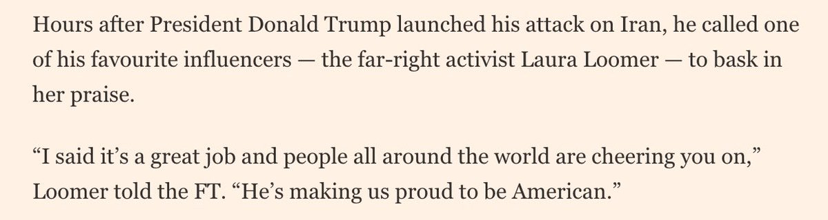 After bombing Iran, Trump immediately called laura Loomer to get praised for dragging America into Israel’s war. 

The President of the United States needed to receive a pat on the back from a lying, unstable psycho because he knew that he had betrayed his base and broken one of