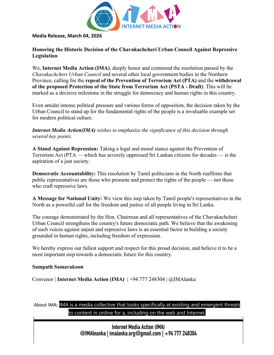 IMAlanka's tweet photo. [Media Release, March 04, 2026]

Honoring the Historic Decision of the Chavakachcheri Urban Council Against Repressive Legislation👇
#NoPSTA #srilanka https://t.co/BIhsYAWGPD