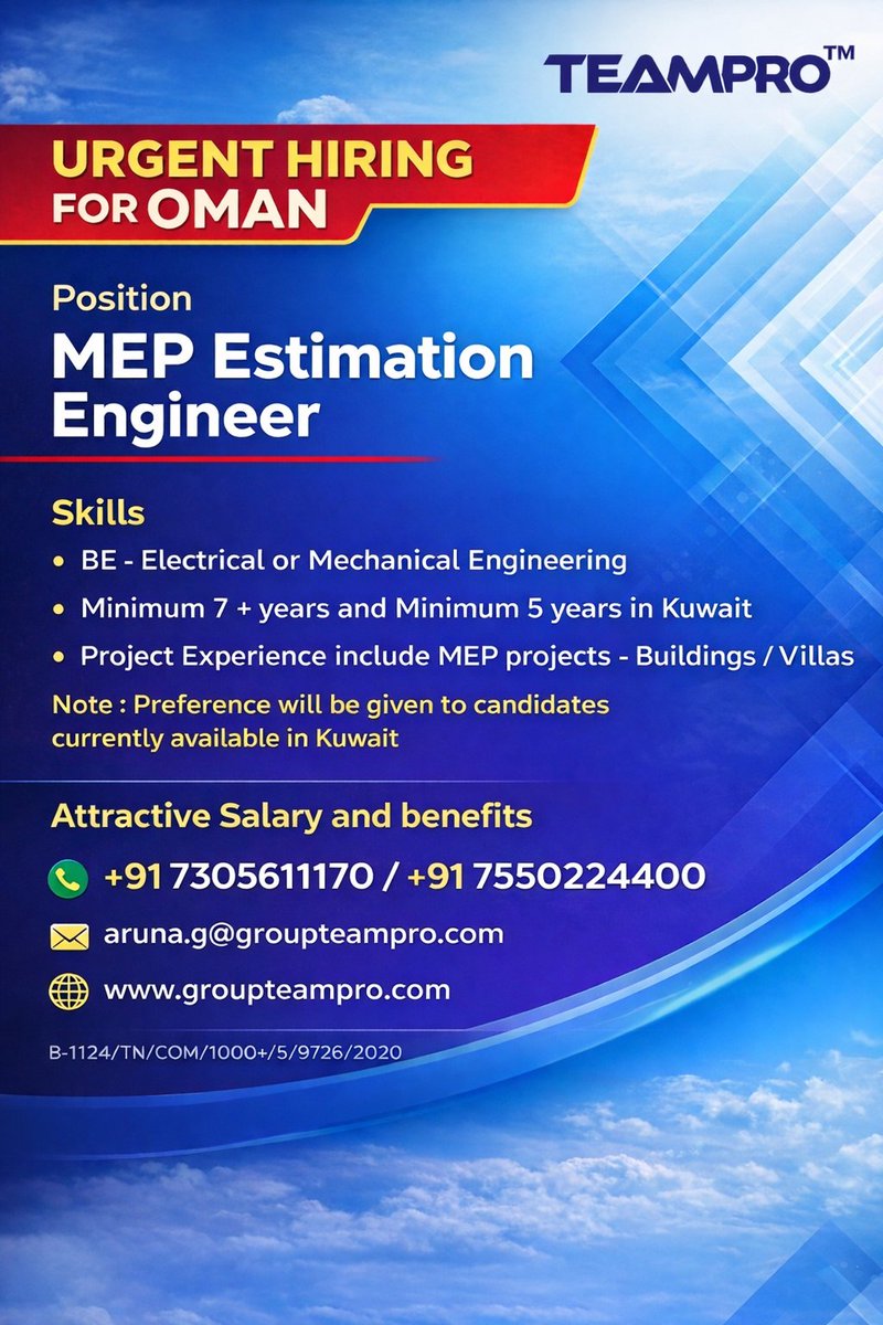 groupteampro's tweet photo. 🚨 Urgent Hiring – MEP Estimation Engineer | Oman 

💼 Attractive salary &amp; benefits offered.

📞 +91 73056 11170 / +91 75502 24400

📧 aruna.g@groupteampro.com

#UrgentHiring #MEPEngineer #EstimationEngineer #OmanJobs #KuwaitJobs #MEPJobs #EngineeringJobs #ConstructionJobs https://t.co/kDyTgjKLkc