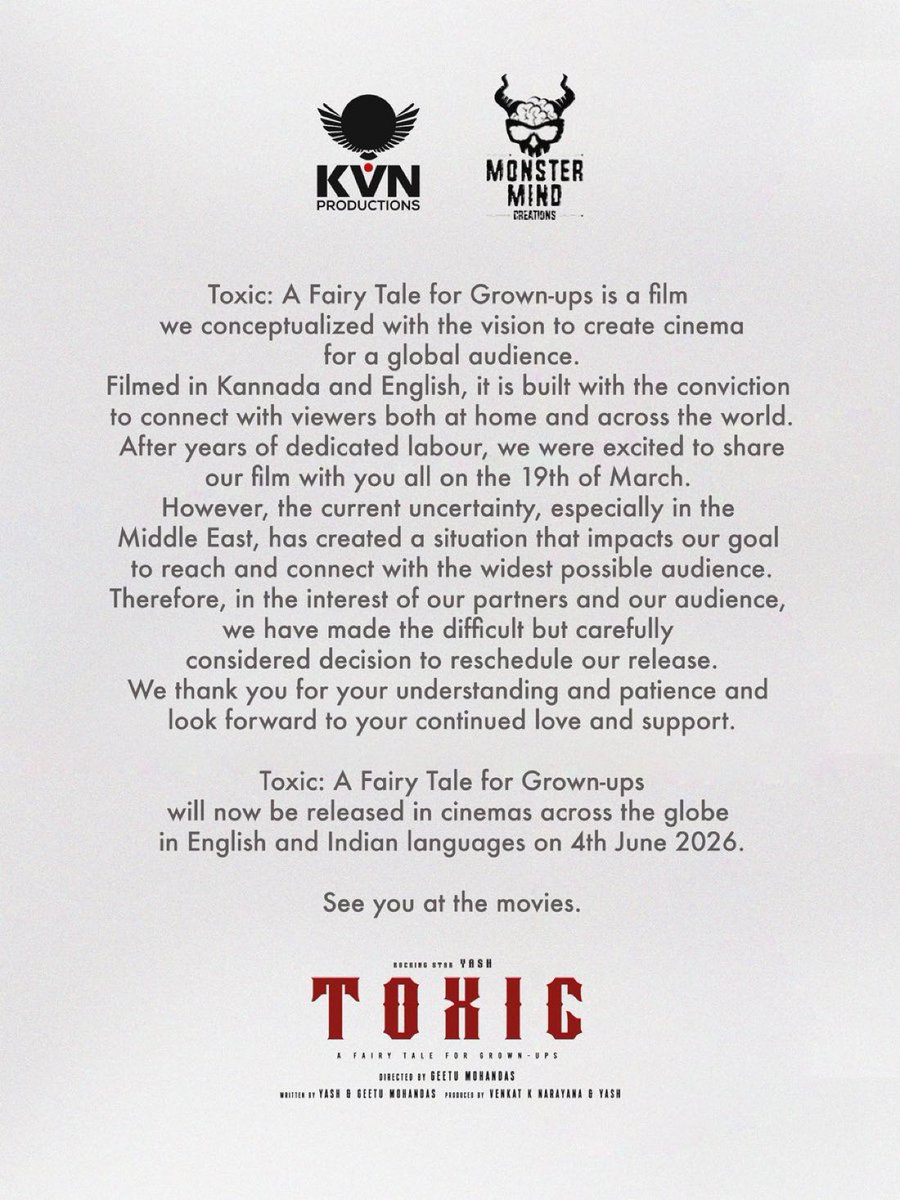 GOcineverse's tweet photo. OFFICIAL: Toxic – A Fairy Tale for Grown-Ups rescheduled to June 4 amid ongoing uncertainty in the GCC region.

A global vision, now arriving a little later.

#Toxic #Yash https://t.co/SjEvYdXk4Q