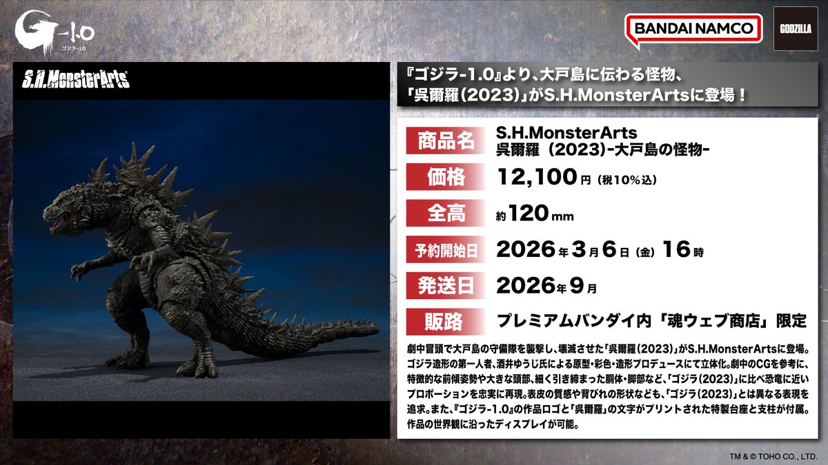 ■ #ゴジラグッズinfo ■

「S.H.MonsterArts 呉爾羅(2023)ｰ大戸島の怪物ｰ」が登場！
 
酒井ゆうじ氏による
原型・彩色・造形プロデュースにて立体化🔥

劇中のCGを参考に、
特徴的な前傾姿勢や大きな頭部、
細く引き締まった胴体・脚部など細かに再現💥
 
本日3/6(金)16時～