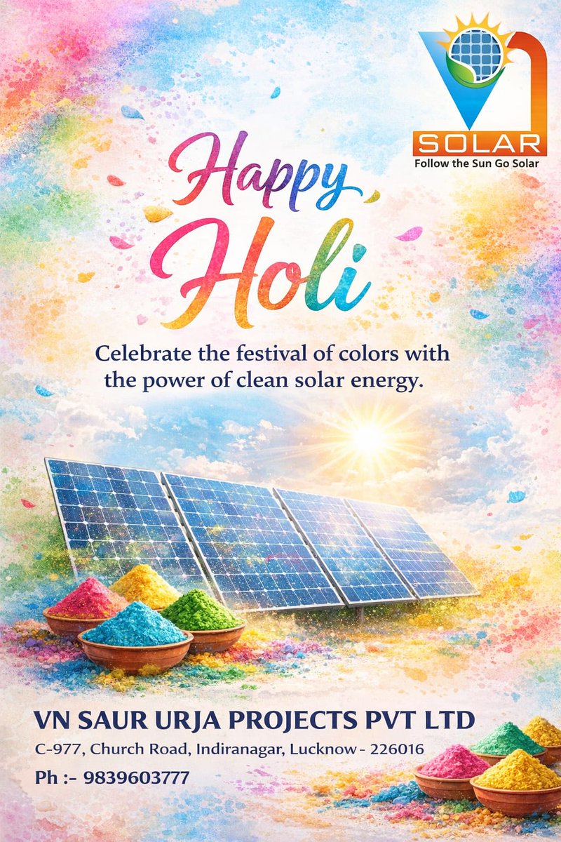 VNSolarPower_'s tweet photo. Happy Holi! 🌈 Let's celebrate this colorful festival by embracing clean solar energy. ☀️ It's a great way to power our homes and protect the planet. Wishing everyone joy and bright futures! ✨ #Holi #SolarEnergy https://t.co/Qx9oviuDaE