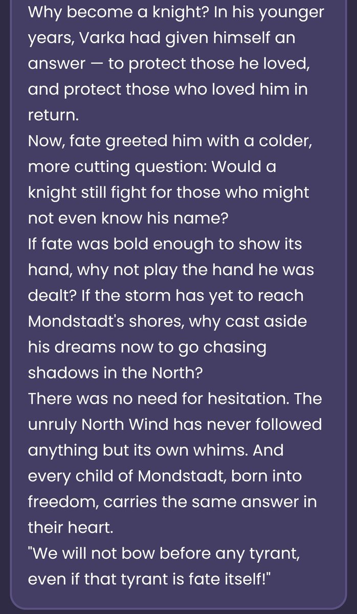 auroracansee's tweet photo. Now, fate greeted him with a colder, 
more cutting question: Would a
knight still fight for those who might not even know his name?

"We will not bow before any tyrant, even if that tyrant is fate itself!"

IM KEEP CRYING😭😭😭
THANK YOU Varka 
You remind me of him and many😭 https://t.co/b3BF0PXAVV