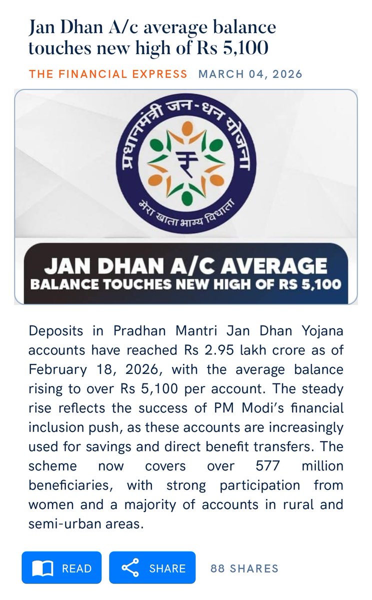 Jan Dhan A/c average balance touches new high of Rs 5,100
financialexpress.com/india-news/jan…