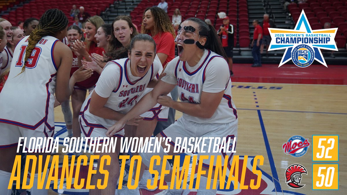 D2SSC's tweet photo. THE MOCS ADVANCE!
Florida Southern Women's Basketball advances to the Semifinals of the 2026 SSC Women's Basketball Championship.
#SSCTourney https://t.co/FixAaJ8fW0