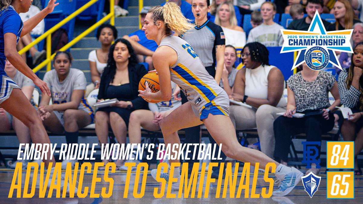 D2SSC's tweet photo. THE EAGLES ADVANCE!
Embry-Riddle Women's Basketball advances to the Semifinals of the 2026 SSC Women's Basketball Championship.
#SSCTourney https://t.co/O5YD3BMeWU