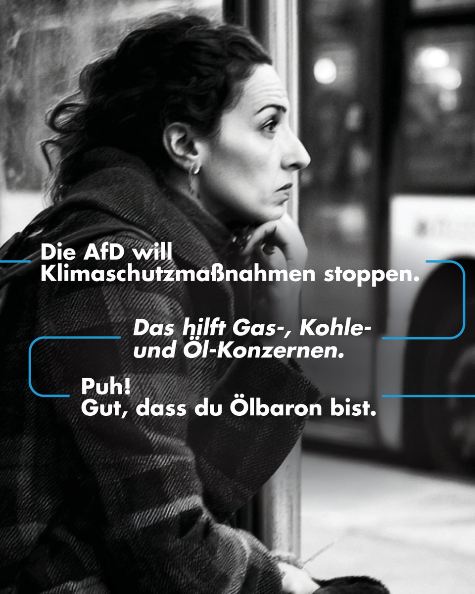 AfDnee's tweet photo. Die AfD lehnt den Klimaschutz ab. Damit schützt sie die Interessen von Unternehmen, die mit der Verschmutzung des Planeten Geld verdienen. Die Rechnung dafür zahlst irgendwann auch du, wenn die Ernten ausbleiben und Extremwetter deine Heimat verwüstet. https://t.co/whSFmGv7E5