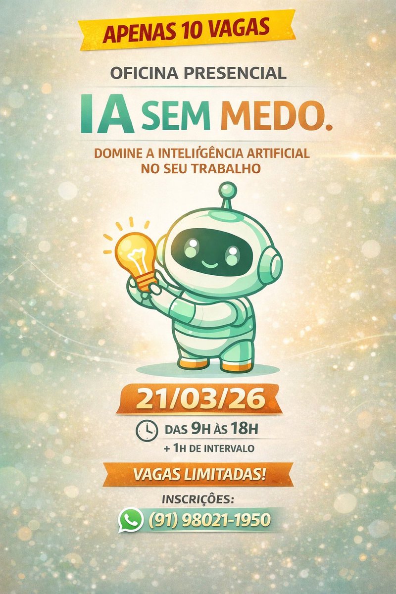 ChefLuniere's tweet photo. 🚨 OFICINA IA SEM MEDO

Um dia intensivo para aprender a usar Inteligência Artificial na prática e aplicar imediatamente na sua vida e no seu trabalho.

Quem domina IA se posiciona à frente no mercado.

Você vai aproveitar essa oportunidade ou vai ficar para trás? https://t.co/ZbP6eDl8mH