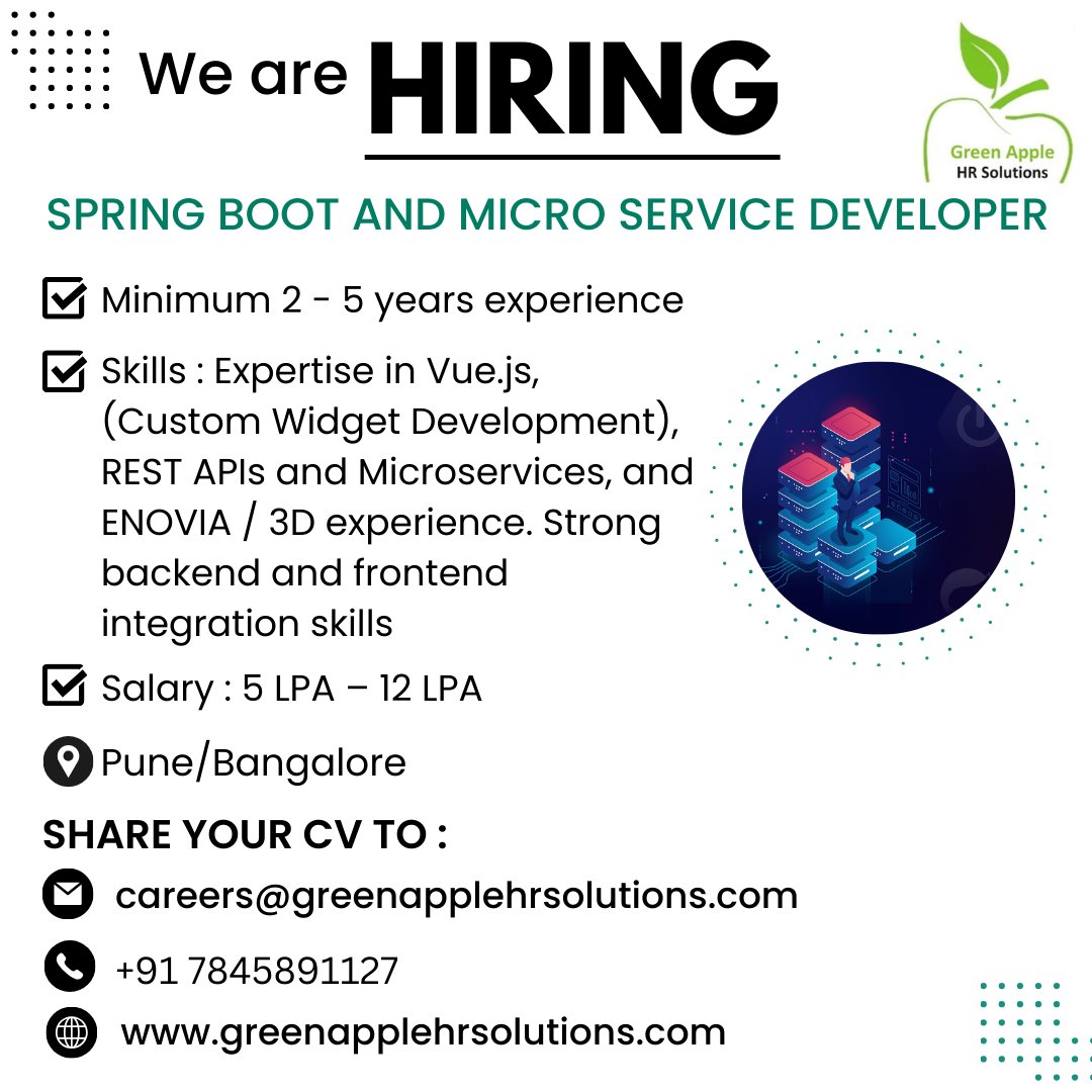 greenapplehr's tweet image. We are looking for a SPRING BOOT AND MICRO SERVICE DEVELOPER with minimum 2 - 5 years of experience

Click here to apply : greenapplehrsolutions.com/JobOpening
#greenapplehrsolutions #springboot #microservice #developer #enovia #js #java