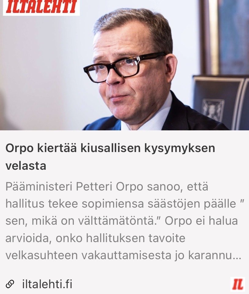 Orpo kiertää kiusallisen kysymyksen velasta. Kiertää? Siis ei vastaa, vaan alkaa höpöttää, että ”teemme mitä on välttämätöntä”.

On älyllisesti ja moraalisesti kestämätöntä toistella tätä mantraa, kun samalla kieltäydytään tekemästä niitä ainoita rakenteellisia uudistuksia, jotka