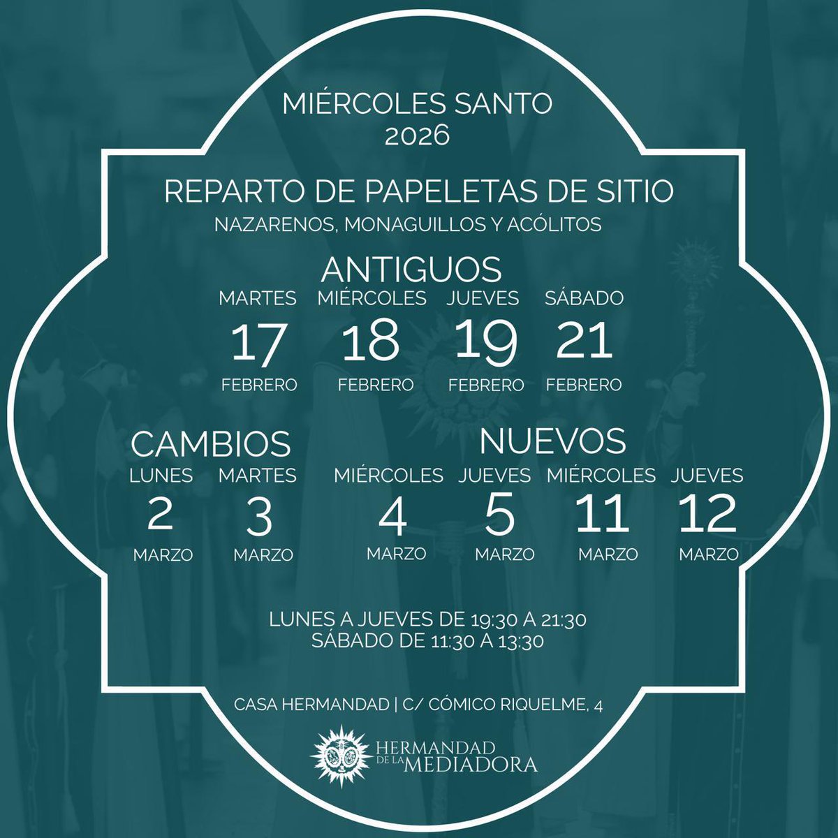 HdadMediadora's tweet photo. 🔷 𝐑𝐞𝐜𝐮𝐞𝐫𝐝𝐚 #SeamosNazarenos | HOY comienza el reparto de NUEVOS nazarenos, monaguillos y acólitos 

📍 𝗖. 𝗖𝗼́𝗺𝗶𝗰𝗼 𝗥𝗶𝗾𝘂𝗲𝗹𝗺𝗲 𝗻° 𝟰

#CofradíasMLG #Mediadora #Redentor https://t.co/IdtHeOihwf