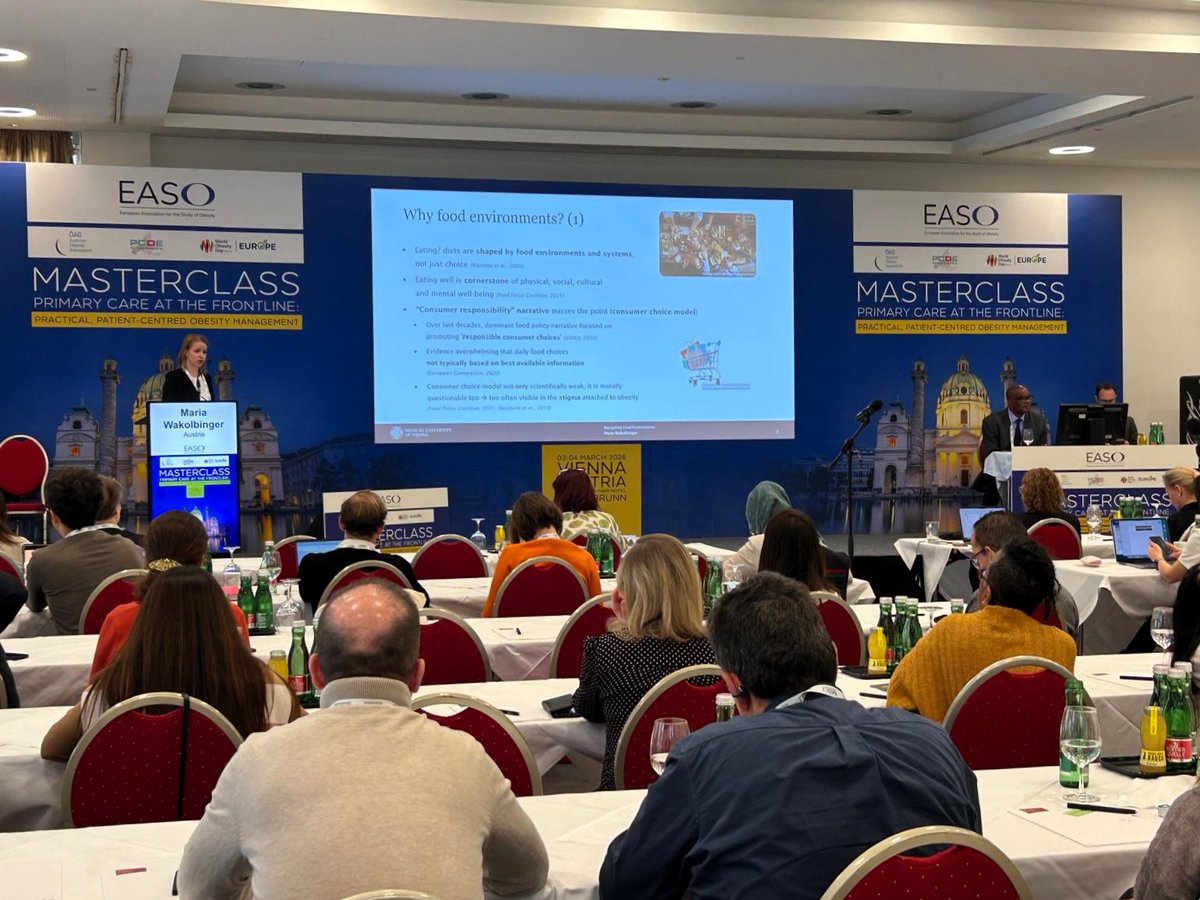 LisaaHeggie's tweet photo. EASO Nutrition WG co-chair Dr @WakolbingerMa discusses the food environment's contribution to shaping health; whole-of-society-action in addressing chronic disease; and encourages HCPs to use screening to help support patients at increased risk of developing obesity #EASOed 🇦🇹 https://t.co/iYwrEzFD20