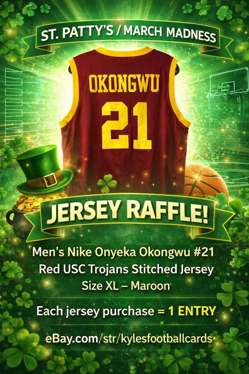 kylescards92's tweet photo. 🔥🚀Jersey Raffle to Win Onyeka Okwongwu USC Trojans Jersey Size XL - $80-100 Jersey! 💯💪 

Ends on St. Pattys Day! One Jersey Purchase equals 1 Entry!

https://t.co/dl10JVz9gG

#ebay #ebaytrafficboost #ebayseller #ebayreseller #jerseys #raffle #giveaway #GiveawayAlert 

@eBay https://t.co/CJmJFcXmcF