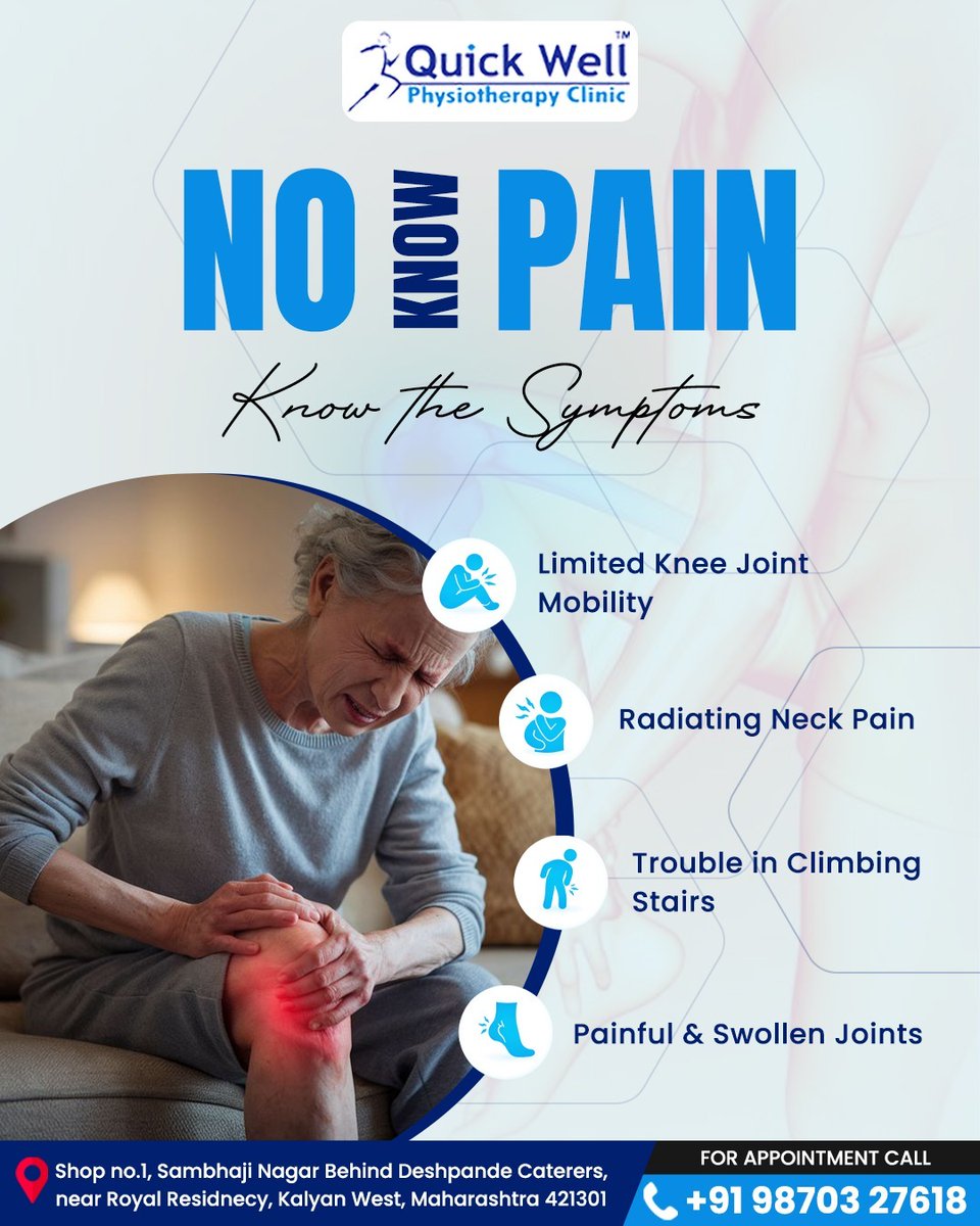 QuickWellPhysio's tweet photo. NO PAIN – Know the Symptoms! 

Quick Well Physiotherapy Clinic

#QuickWellPhysiotherapyClinic #DrRekhaShinge #JointPain #KneePain #NeckPain #MobilityMatters #PainRelief #HealthyJoints #QuickWellPhysio #PhysiotherapyHealing #QuickWellPhysiotherapy #StayStrong #StayHealthy https://t.co/BU7juKSgFS