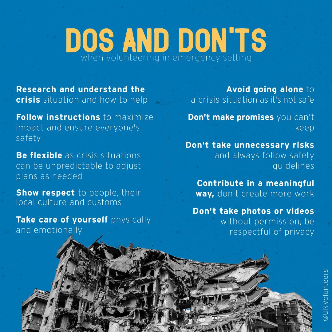 UNVArabStates's tweet photo. Volunteering in crisis settings requires responsibility, awareness, and respect.

Here are some important do’s and don’ts to keep in mind when volunteering in emergency situations. https://t.co/dzDJ8dsT07