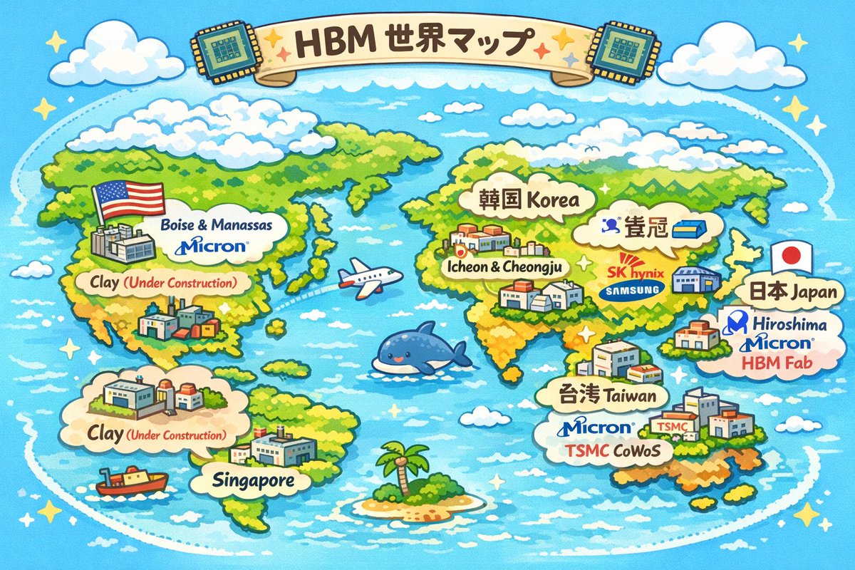 tsungrow's tweet photo. MU EWY 様
HBMの工場の場所が重要だと思うﾆｭ
ﾗｲﾊﾞﾙの SK 様はﾎﾎﾞﾎﾎﾞ韓国
同じく Samsung 様もﾎﾎﾞﾎﾎﾞ韓国
MU様のﾒｲﾝは米国，台湾，そして，ｼﾝｶﾞﾎﾟｰﾙ，日本

韓国様の株価が…⤵⤵なのは悲しいｹﾄﾞ…
MU様には超追い風になると思うﾆｭ

ﾁｬﾝｽじゃん？
画像はAIﾆｭ https://t.co/hic5480QfC
