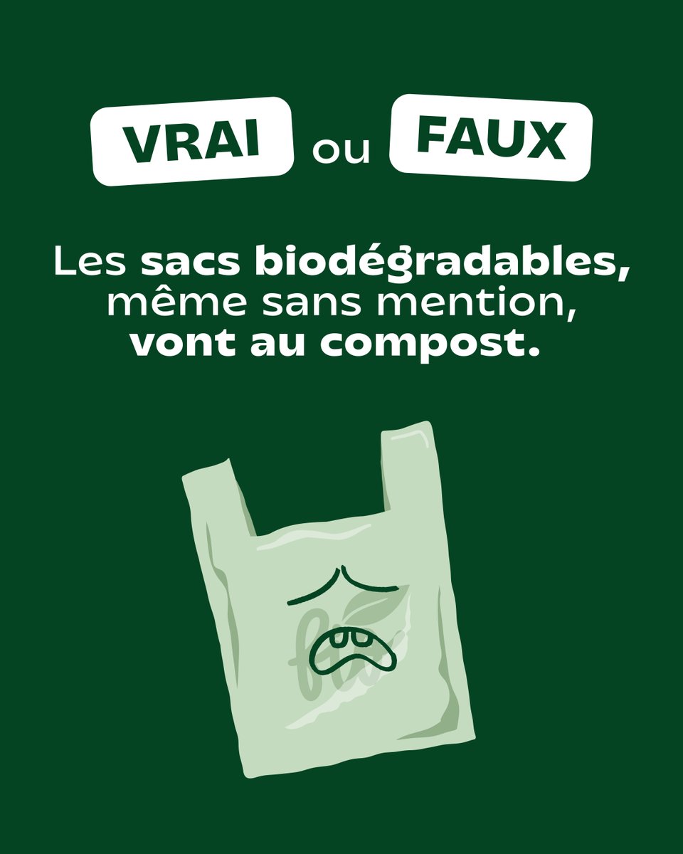 Et bien c’est faux 🙅‍♂️

La raison est que le terme biodégradable signifie que la matière peut se décomposer avec le temps, mais pas forcément dans des conditions de compostage. 
Sans norme ou certification, le sac est à déposer dans le bac gris.