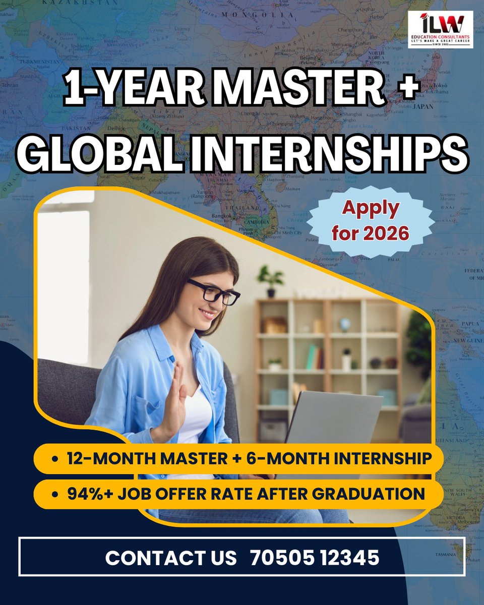StudyAbroadILW's tweet photo. Go Global in 2026! ✈️
Combine a 1-Year Master’s with a 6-Month Global Internship. With a 94%+ job offer rate, your international career starts here! 🎓💼
📞 Call 70505 12345 to apply now. https://t.co/puMoaiFjHx