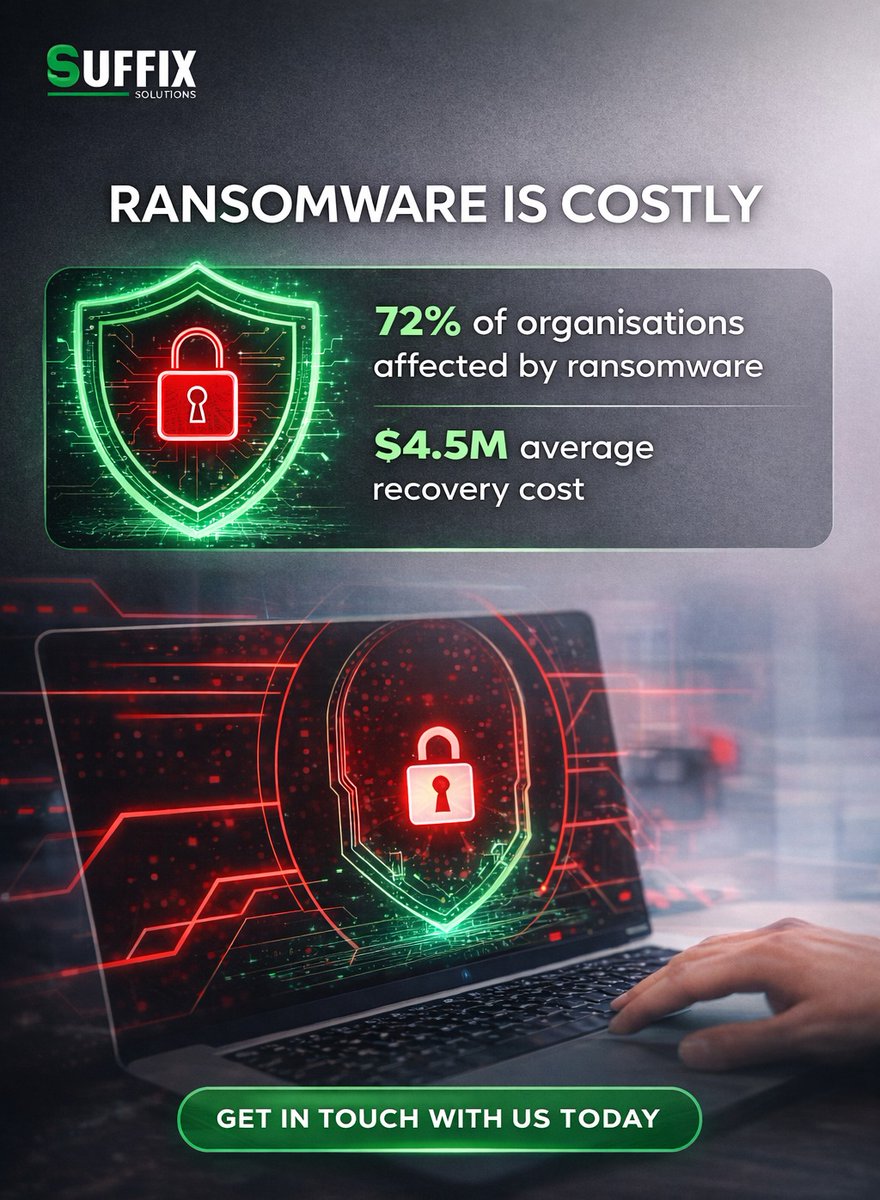 Ransomware is not just a cyber threat. It is a financial disaster waiting to happen.

72% of organisations have already experienced ransomware attacks, with recovery costs averaging $4.5M.

Secure your systems before attackers strike.
📩 engage@suffix.solutions

#Cybersecurity