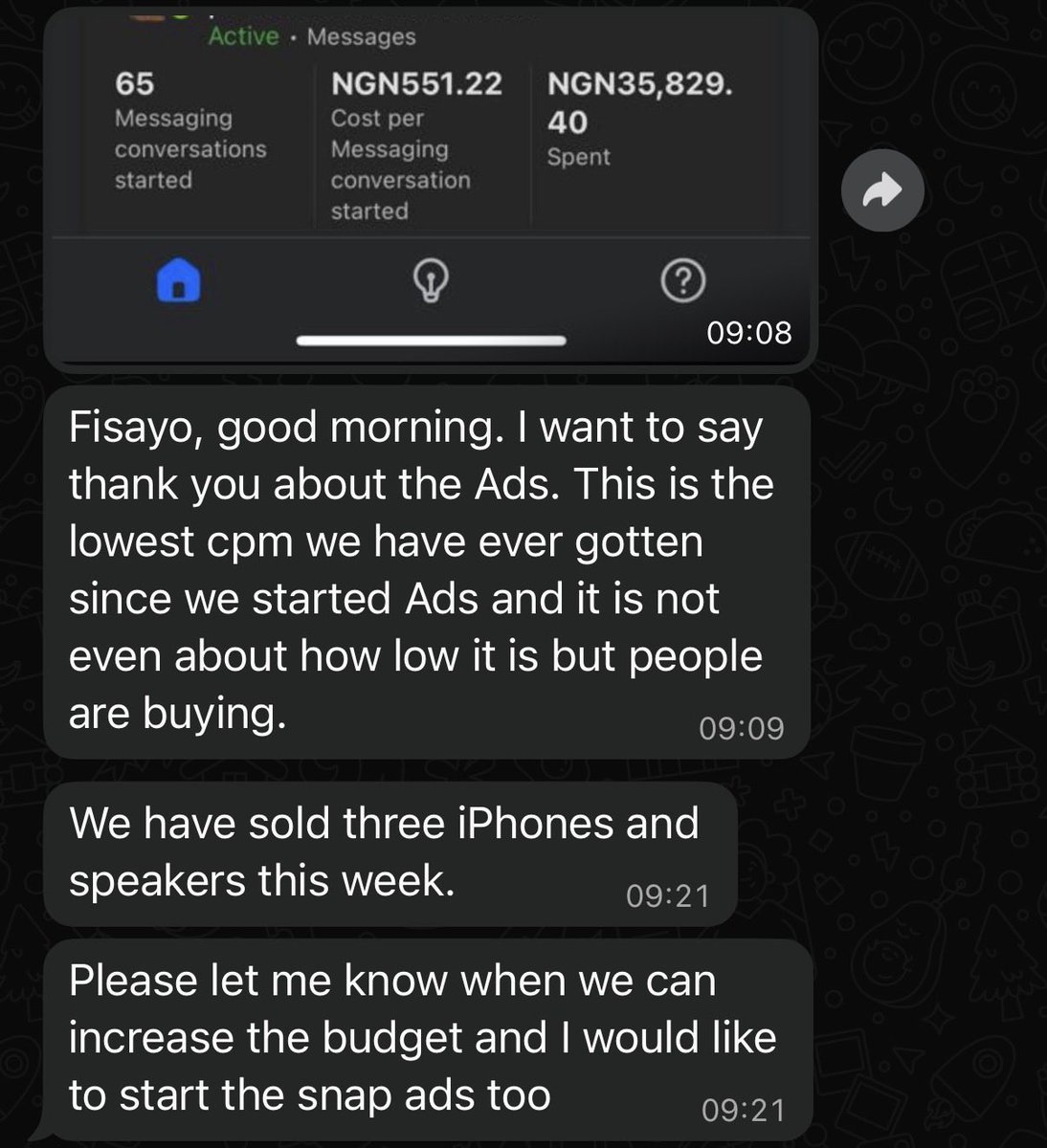 Client this morning:
“Lowest CPM we’ve ever had since we started ads… and people are buying.”

3 iPhones and speakers sold already this week.
Low CPM is good but profitable ads are better🤭