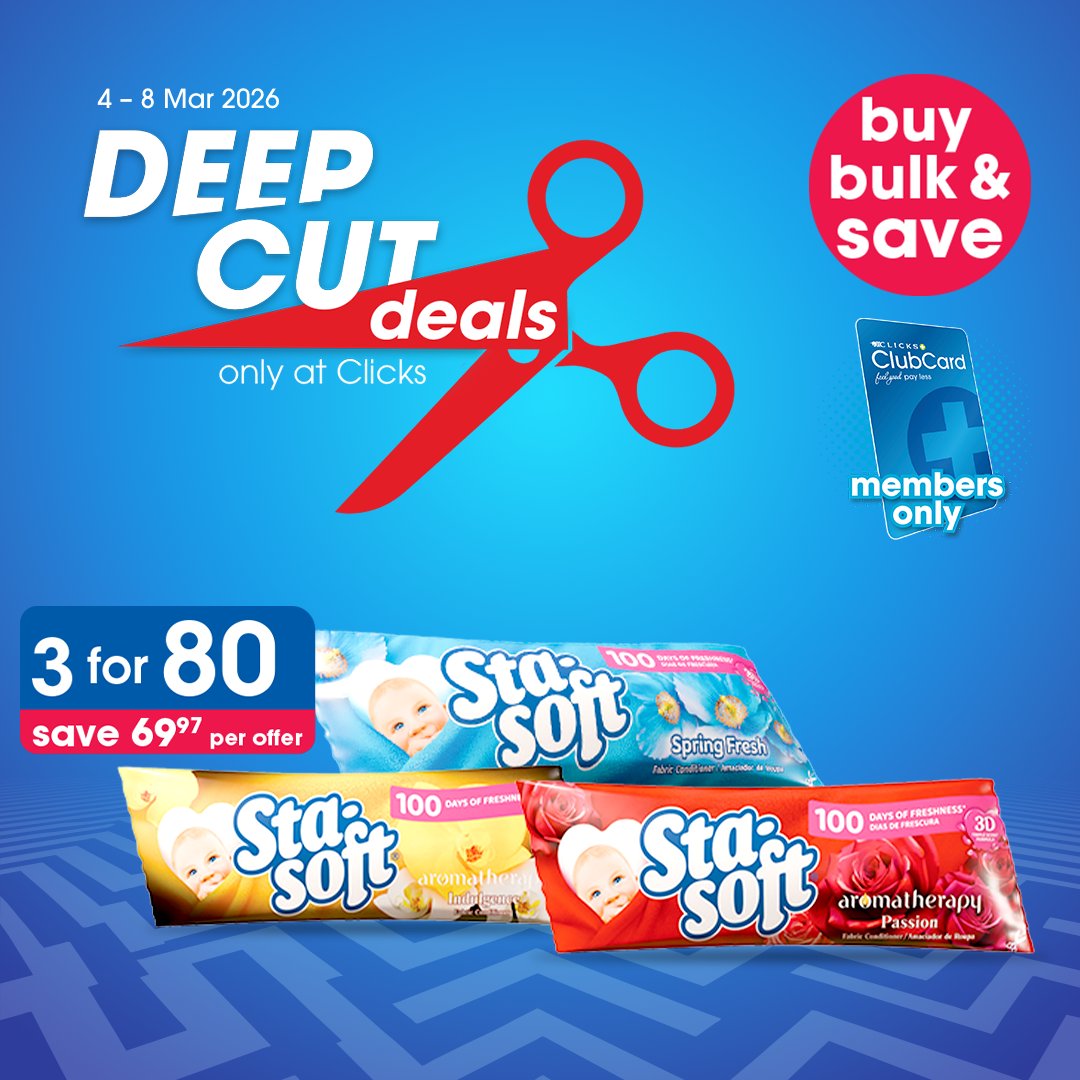 Clicks_SA's tweet photo. Softness you can feel, freshness you’ll love. 🌸✨
Sta-Soft keeps your laundry irresistibly soft and beautifully fragrant.
Snag this Deep Cut Deal from 4 – 8 March and turn every wash into a win. 💕-> https://t.co/nuXnPtYCN0
#Clicks #ClicksDeepCutDeals #StaSoft https://t.co/dRKEfYjuSa