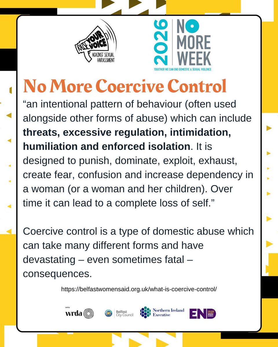 RaiseURVoiceNI's tweet photo. No More Coercive Control
Coercive control is a type of domestic abuse which can take many different forms and have devastating – even sometimes fatal – consequences.
#NoMoreWeek
https://t.co/xLbV11NXcd https://t.co/UFHNumT1YU