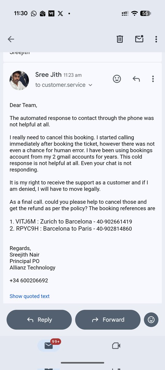 Mesreejithindia's tweet photo. @bookingcom @bookingcomPA @vueling Is your Business strategy to earn is by ensuring that you don't let your customers reach you and do not even encourage a legal refund and also hiding such info. Amazing!! Great job! Keep drinking the blood of the needy. https://t.co/phYlc8vJ3u
