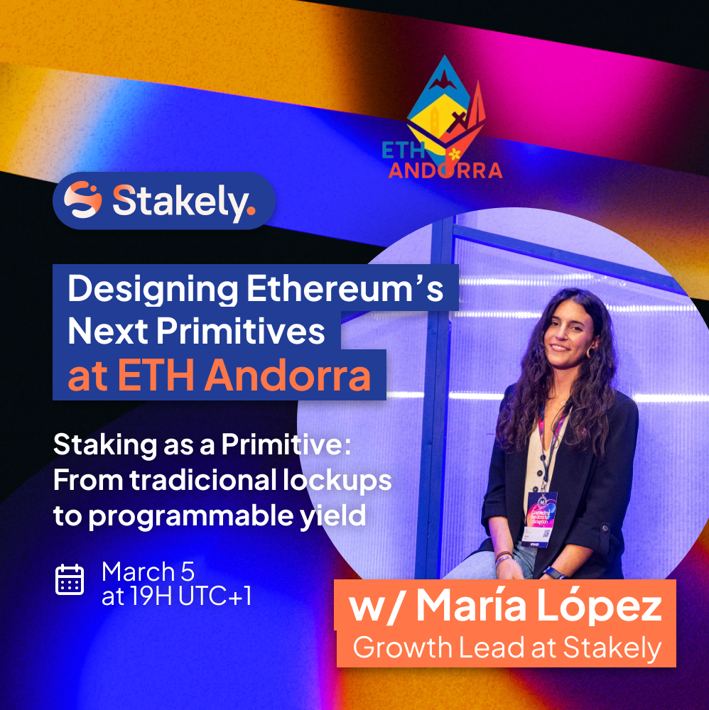 We’re joining Designing <a href="/ethereum/">Ethereum</a>’s Next Primitives at <a href="/EthAndorra/">ETH Andorra</a> x <a href="/ETHGlobal/">ETHGlobal</a> 🎙️

Our Growth Lead <a href="/Marialpz_ct/">María López</a> will share “Staking as a Primitive: From traditional lockups to programmable yield”

📅 Mar 5, 19H (UTC+1)